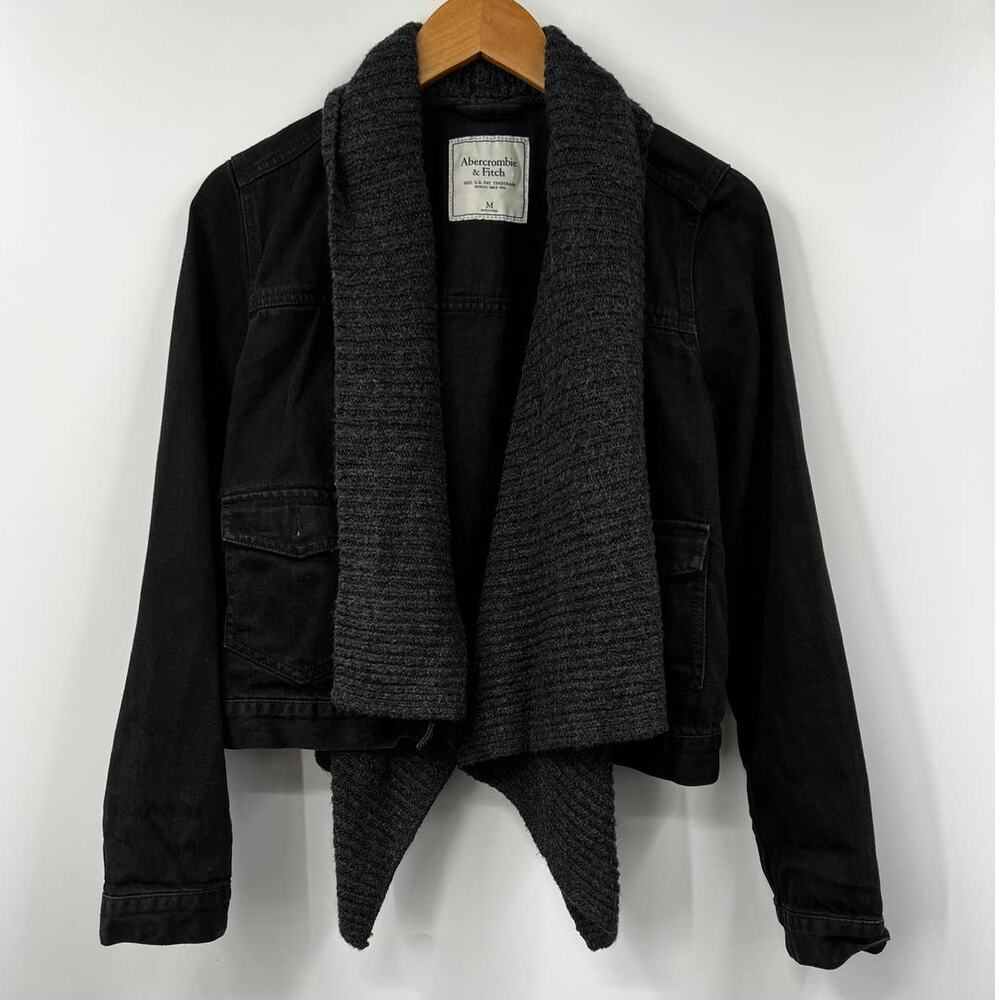 Abercrombie & Fitch Womens Black Denim Jacket Knit Shawl Collar Open Front Med